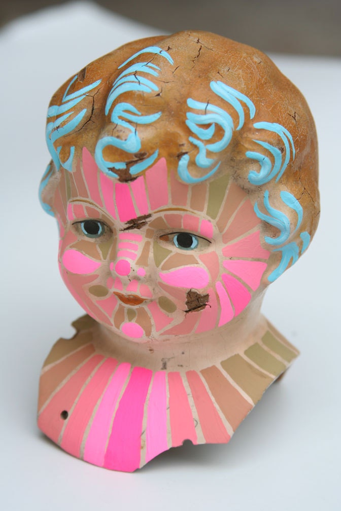 DOLL HEAD THREE acrylic gouache on antique doll head