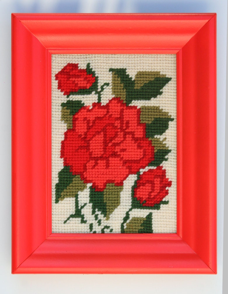 ROSE, vintage needlepoint framed with red neon, fluorescent painted frame