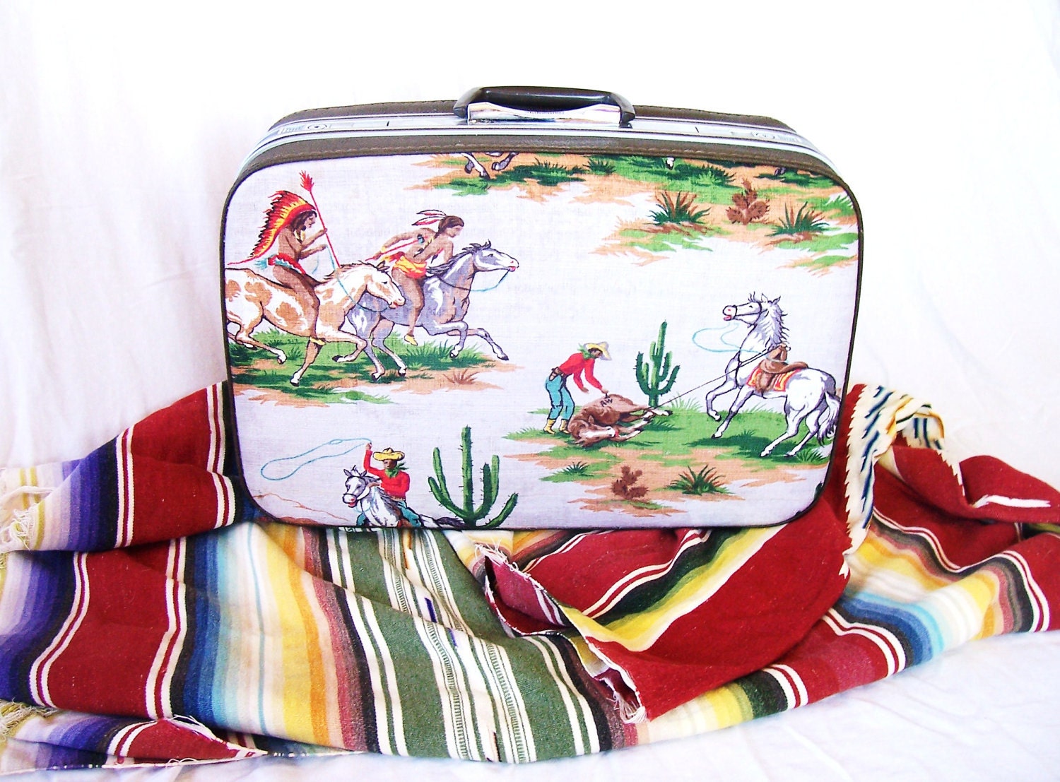 vintage upcycled suitcase, retro cowboy and indians fabric,  samsonite