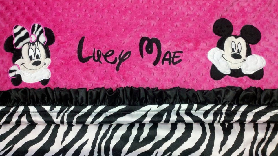Personalized Minky blanket with mickey and minnie mouse with satin ruffles