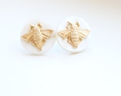 Pearl and Brass Bee Earrings, Insect Earrings, Bumblebee Earrings, Pearl Earrings, Brass Earrings, Bug Earrings