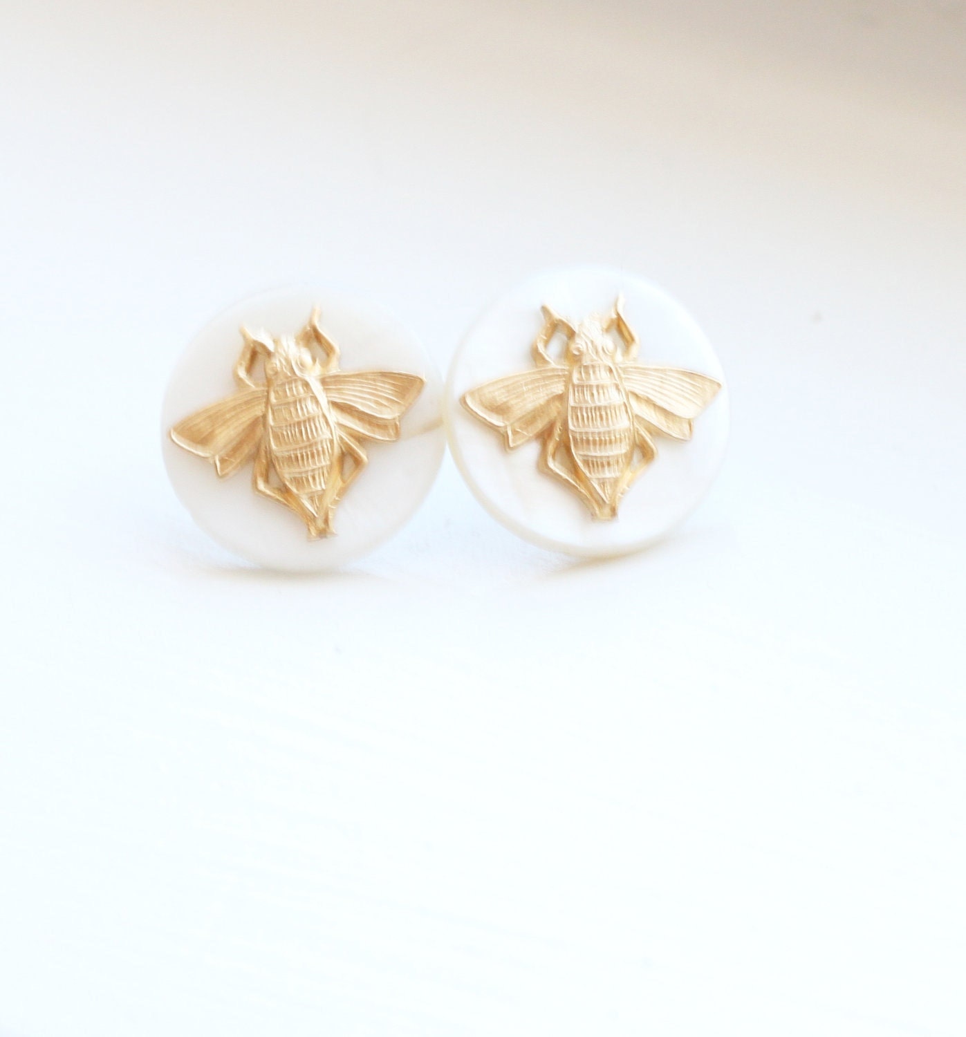 Pearl and Brass Bee Earrings, Insect Earrings, Bumblebee Earrings, Pearl Earrings, Brass Earrings, Bug Earrings