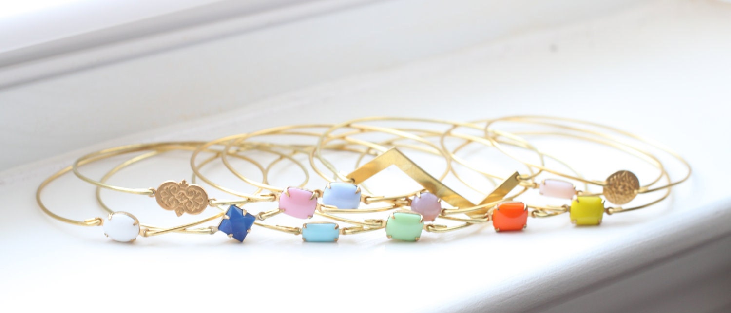 Orange Vintage Set Stone Bangle, Stackable Bangle, Gem Stone Bangle, Rhinestone Bangle, Bezel Bangle