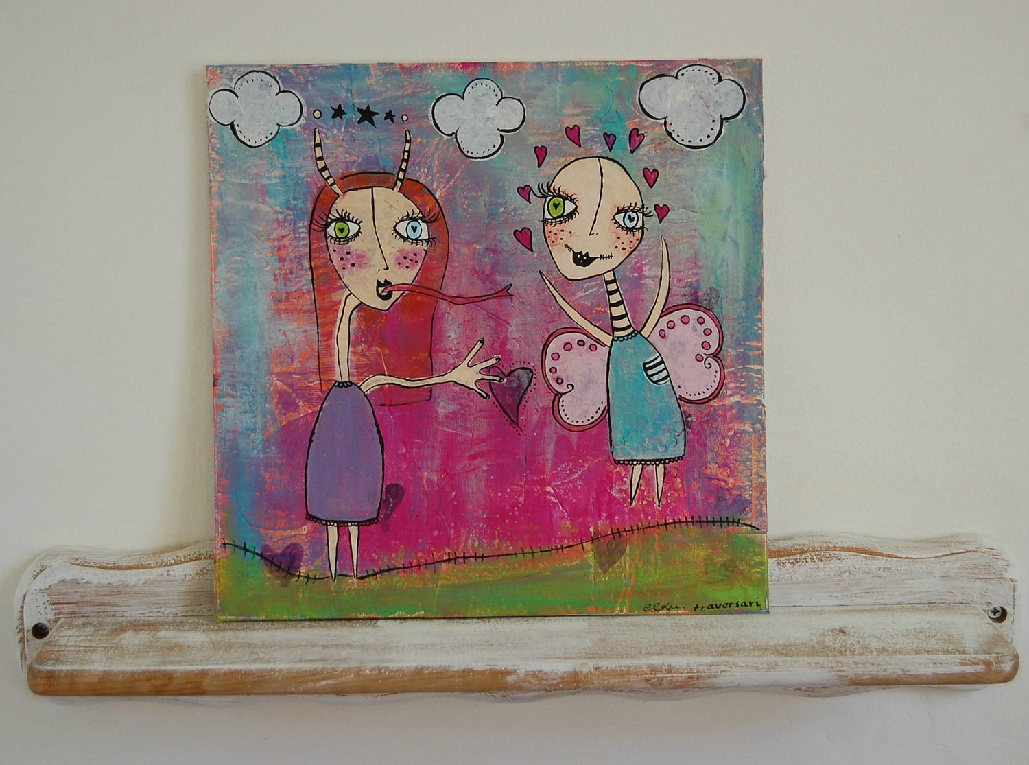 Alien and Fairy Friends... Meeting in the Garden...Original Mixed Media Canvas Board Painting