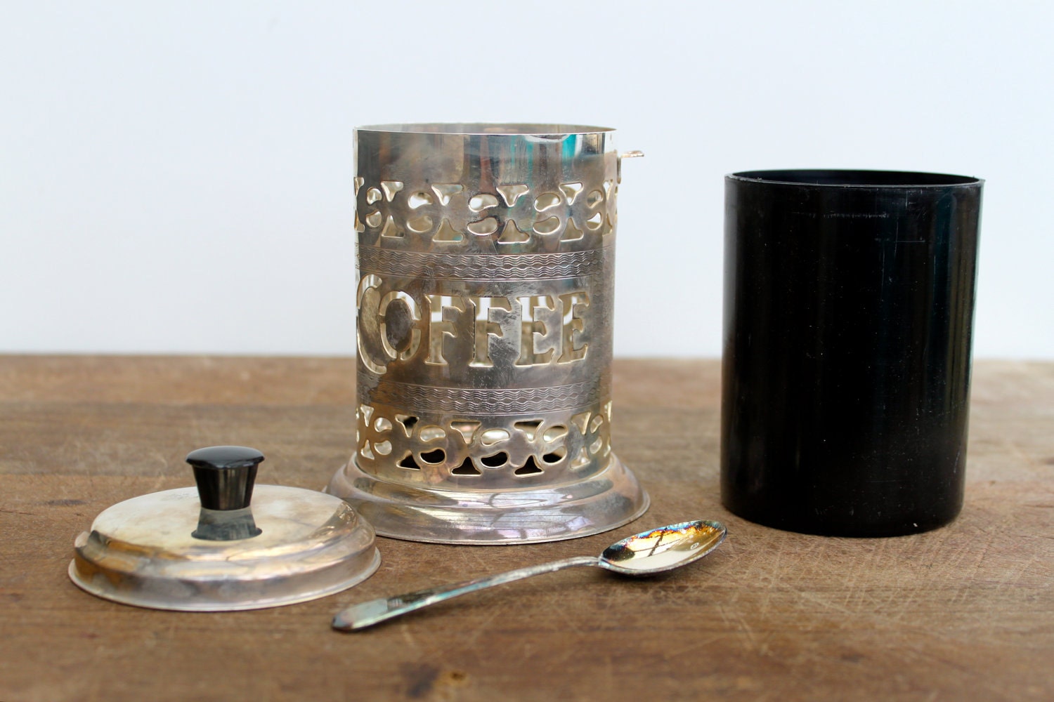Vintage English Silver Plate Pierced Coffee Canister