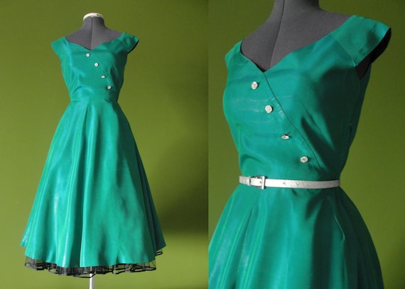 Vintage 1950s Teal with Turquoise Iridescent Party Dress with Full Circle Swing Skirt and Rhinestone Buttons Size 6 to 8 Small Medium