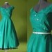 Vintage 1950s Teal with Turquoise Iridescent Party Dress with Full Circle Swing Skirt and Rhinestone Buttons Size 6 to 8 Small Medium