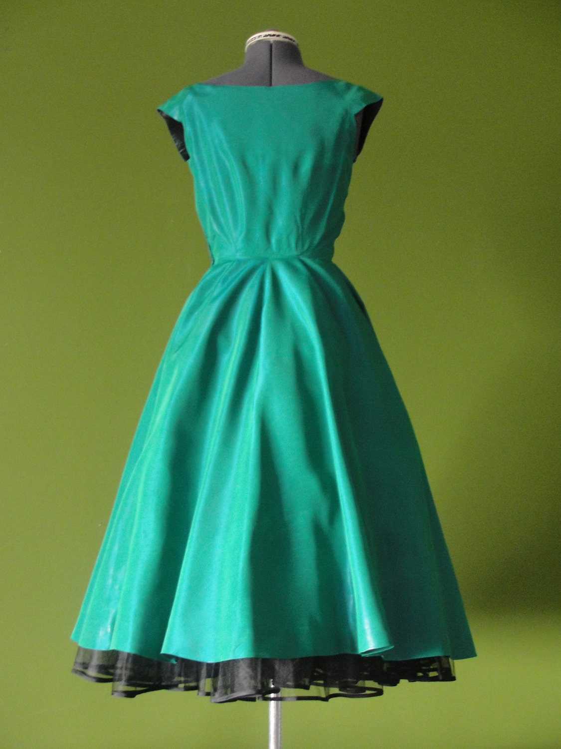 Vintage 1950s Teal with Turquoise Iridescent Party Dress with Full Circle Swing Skirt and Rhinestone Buttons Size 6 to 8 Small Medium