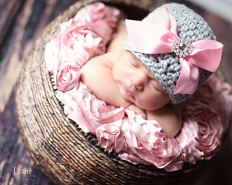 Crochet Baby Hat with Ribbon and Rhinestone