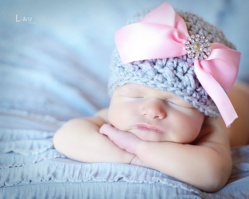 Crochet Baby Hat with Ribbon and Rhinestone