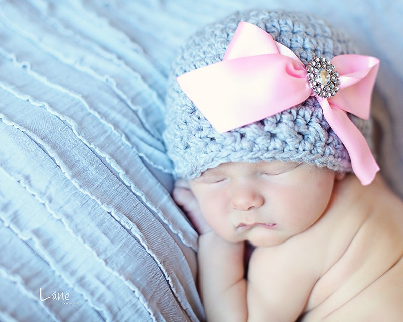 Crochet Baby Hat with Ribbon and Rhinestone
