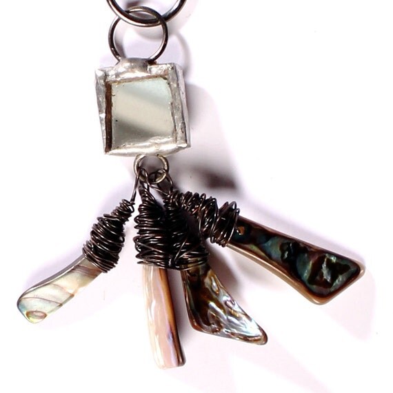Dangle Necklace Abalone Shells Bohemian Jewelry - square mirror Pendant, witchy Magical Gypsy Fortune Teller Charm unique OOAK