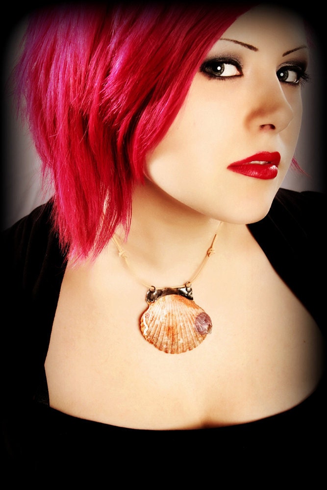 Shell Necklace Mermaid  - Bohemian Jewelry large chunky orange beach shell purple barnacle Pendant Strange Pirate Treasures unique OOAK
