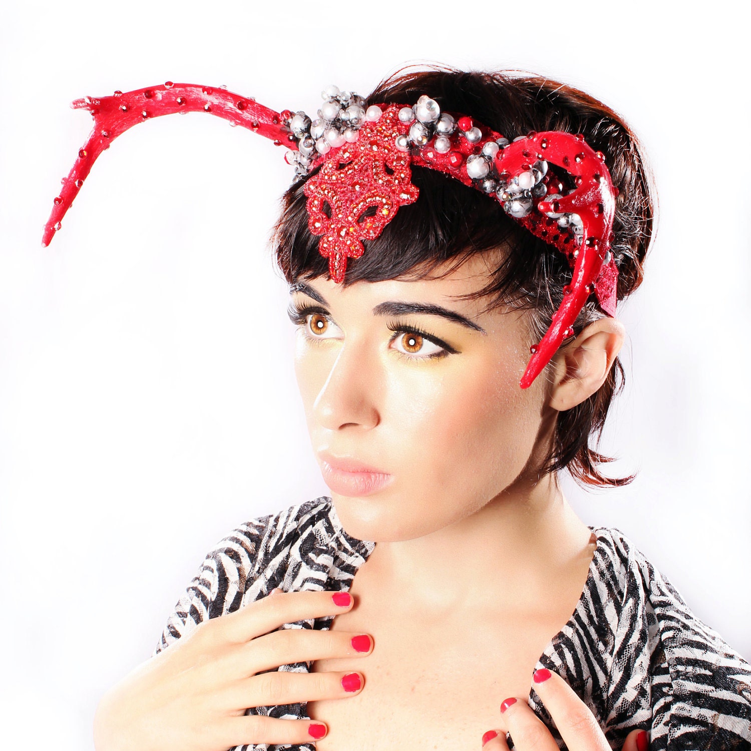 Queen of Hearts Antler Headband Headdress - playful beaded Red deer horns head band Belly Dance Carnival Summer Festivals Rhinestones