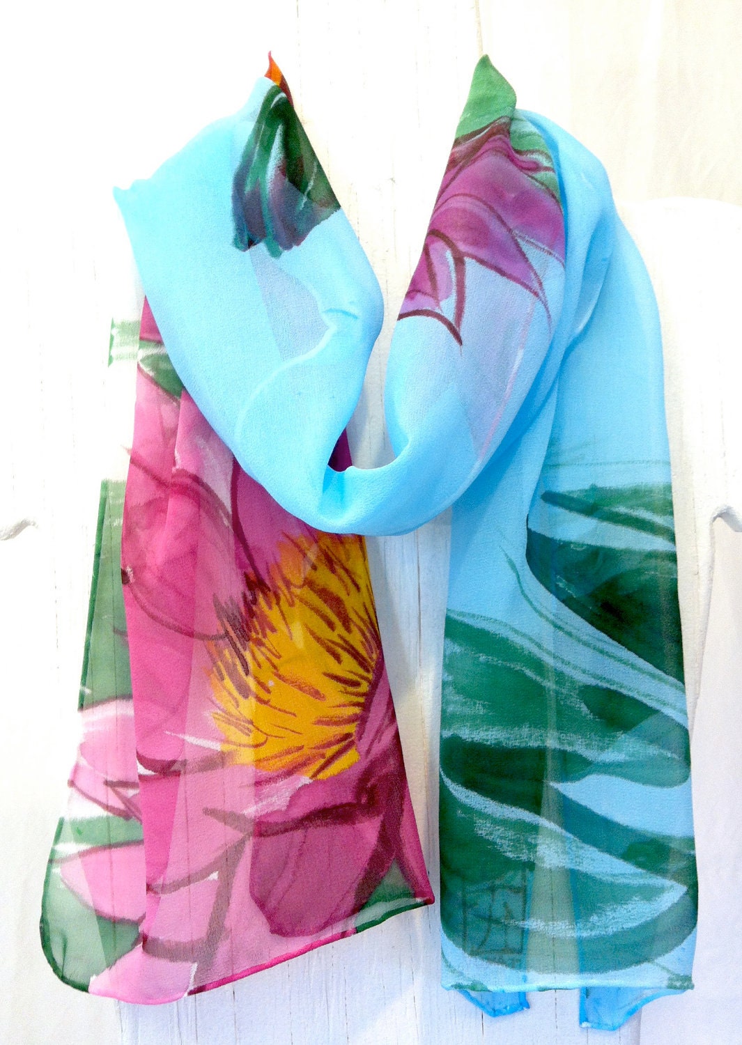 Hand Painted Silk Scarf. Tranquility Pink Lotus Flowers. Floral. Spring. Silk Chiffon Scarf. Pink Silk Scarf. 10x54 in. Made to order.