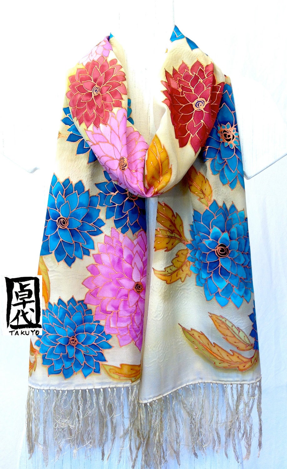 Hand Painted SIlk Scarf. Fringed Beige Kimono Scarf, Turquoise Blue Flowers. Luxury Silk Scarf. Silk Scarves Takuyo. 14x72 in. In-stock.