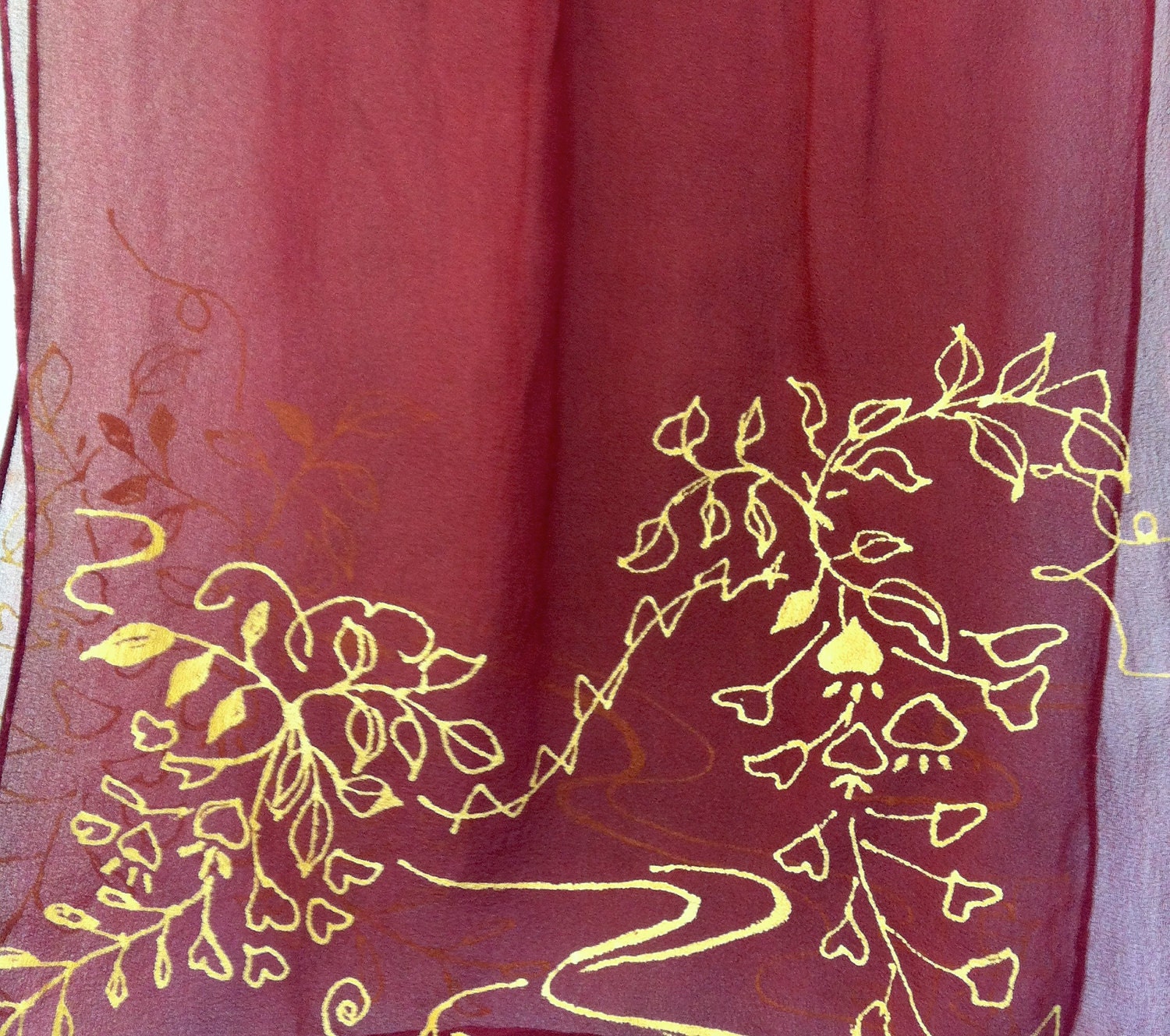 Red Silk Scarf. Hand Painted Silk Scarf. Silk Chiffon Scarf. Japanese Floral Scarf. Merlot Red Wisteria. Made to Order. 13x69 in.