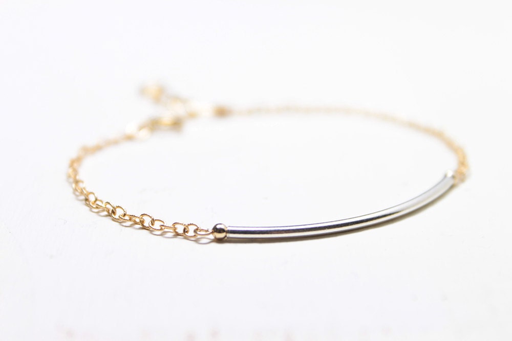 Round Bar Bracelet - sterling silver curved bar on 14k gold filled chain, modern and minimalist jewelry
