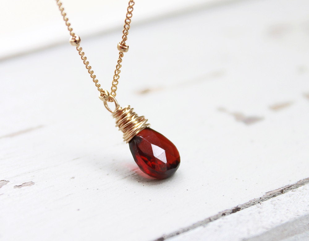 Garnet Briolette Necklace - wire wrapped January birthstone 14k gold filled simple everyday jewelry