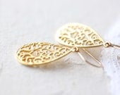 Small Gold Teardrop Earrings - simple vermeil tear drop filigree, golden flower petal jewelry
