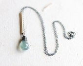 Moss Aquamarine Necklace - oxidized sterling silver and gold bar with wire wrapped rustic gemstone