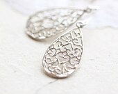 Small Silver Teardrop Earrings - simple sterling silver tear drop filigree, silver flower petal jewelry