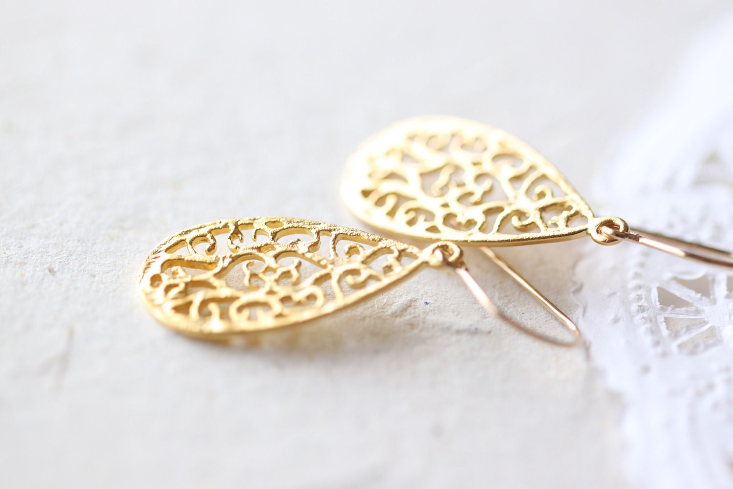 Small Gold Teardrop Earrings - simple vermeil tear drop filigree, golden flower petal jewelry