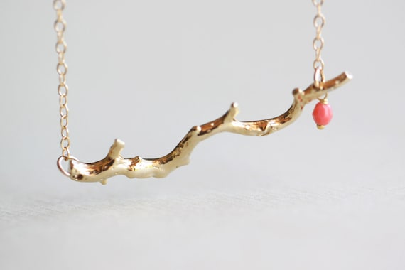 Gold Coral Branch Necklace - horizontal coral branch on 14k gold fill chain