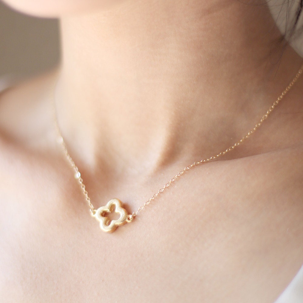 Gold Clover Necklace - dainty four leaf clover floating on 14k gold fill chain, simple everyday jewelry by petitor