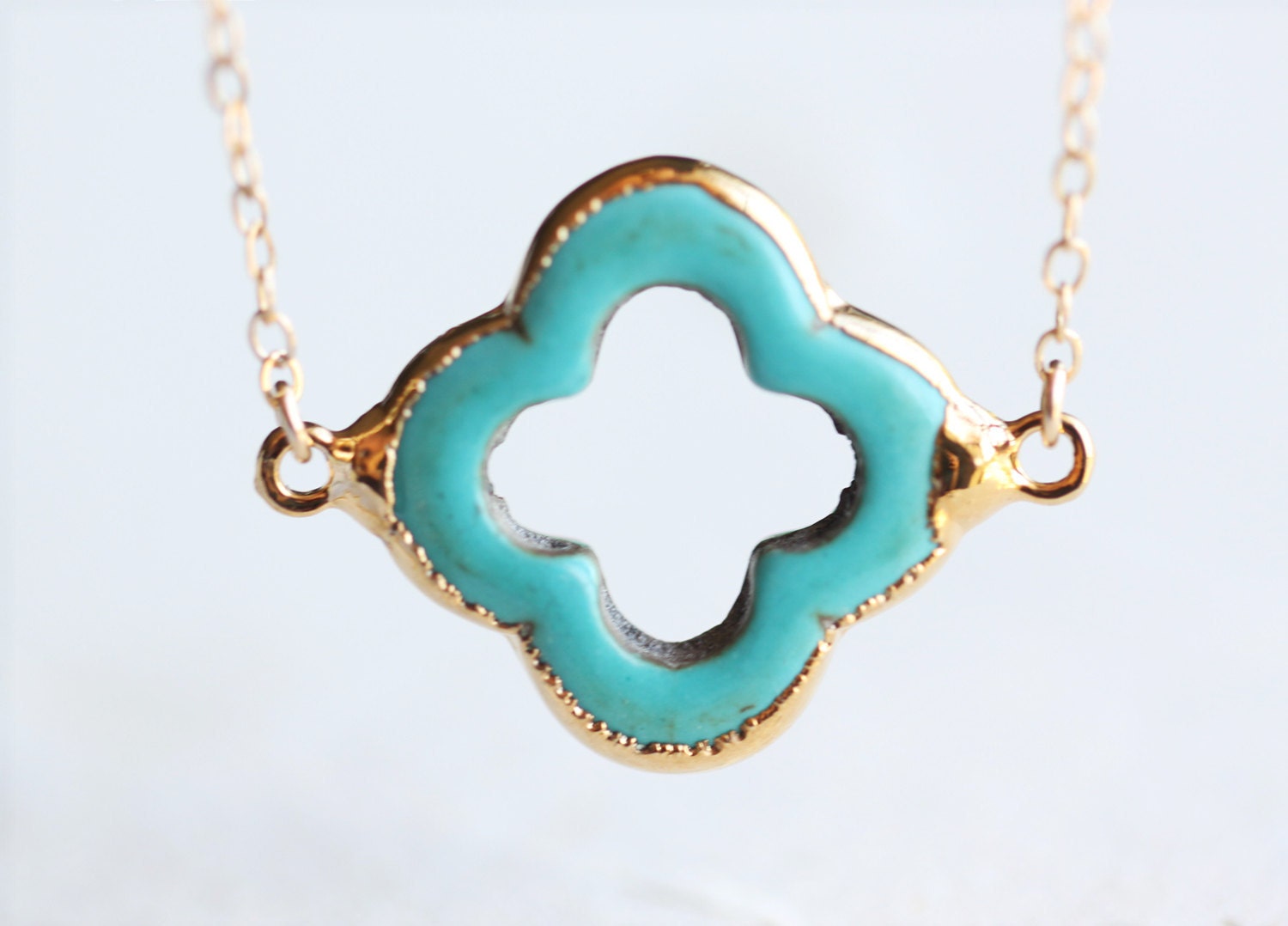 Turquoise Gold Four Leaf Clover Necklace - teal quatrefoil gemstone with 14k gold fill chain