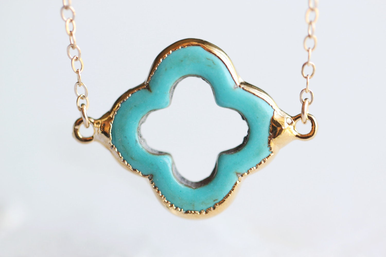 Turquoise Gold Four Leaf Clover Necklace - teal quatrefoil gemstone with 14k gold fill chain