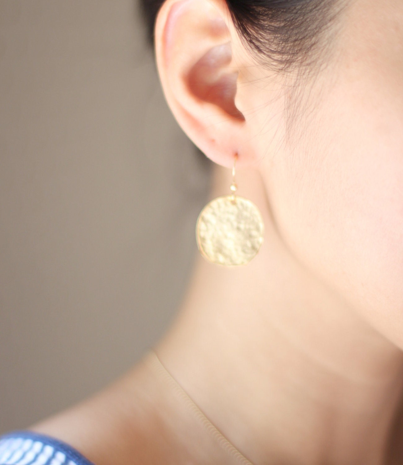 Hammered Gold Circle Earrings - minimalist vermeil flat gold medium size circle jewelry