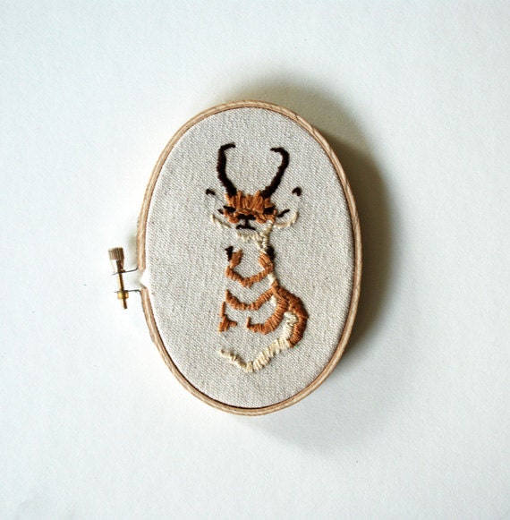 Antelope Portrait Embroidered on Canvas - Oval Hoop Art - ORIGINAL