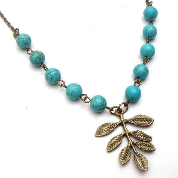 Antiqued Brass Leaf Green Turquoise Necklace