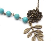 Antiqued Brass Leaf Flower Green Turquoise Necklace