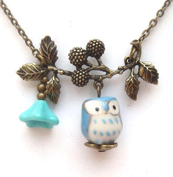 Antiqued Brass Branch Flower  Blue Porcelain Owl Necklace