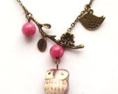 Antiqued Brass Branch Bird  Jade Porcelain Owl Necklace