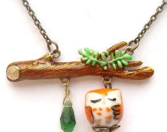 Antiqued Brass Branch Quartz  Porcelain Owl Necklace