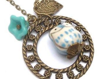 Antiqued Brass Leaf  Czech Glass Porcelain Owl Necklace