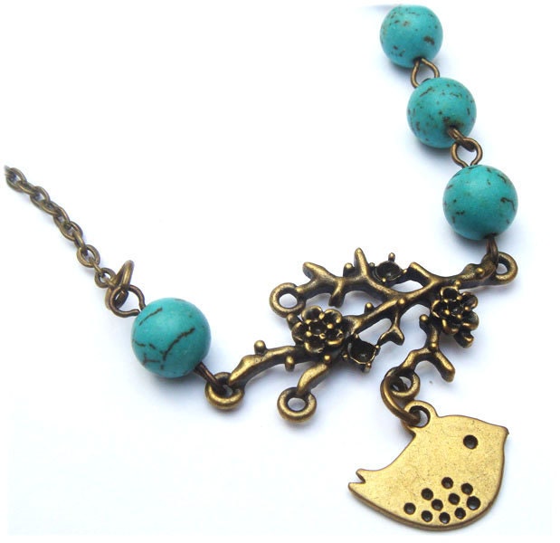 Antiqued Brass Branch Bird Turquoise Necklace