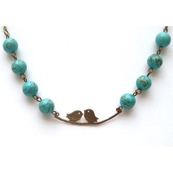 Antiqued Brass Bird Green Turquoise Necklace