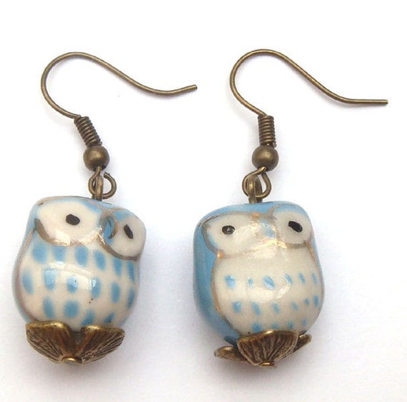 Antiqued Brass Leaf  Porcelain Owl Earrings