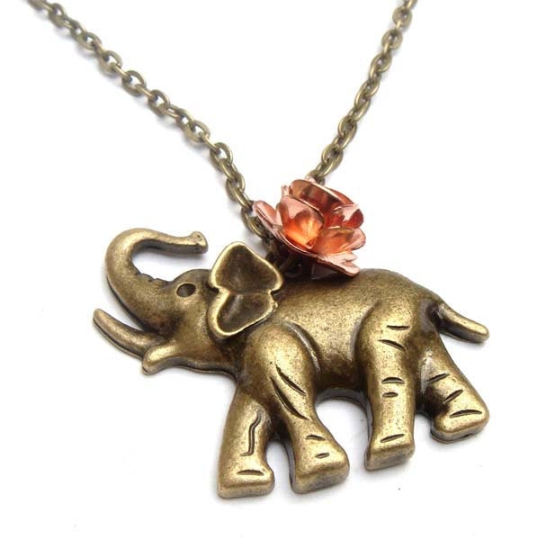 Antiqued Brass Elephant Rose Necklace
