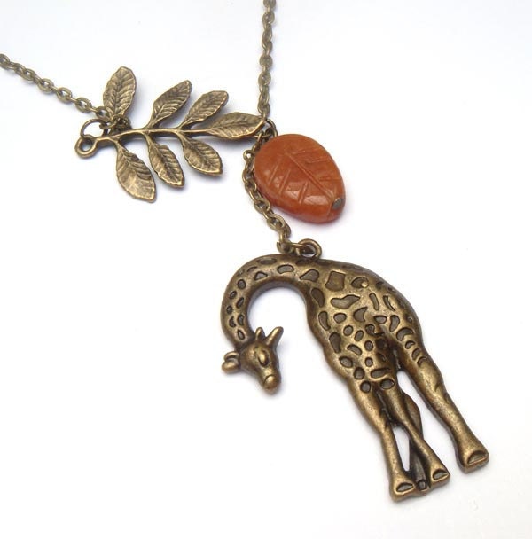 Antiqued Brass Leaf Giraffe Honey Jade  Necklace