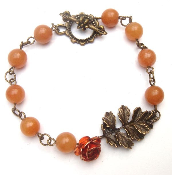 Antiqued Brass Leaf Flower Honey Jade Bracelet