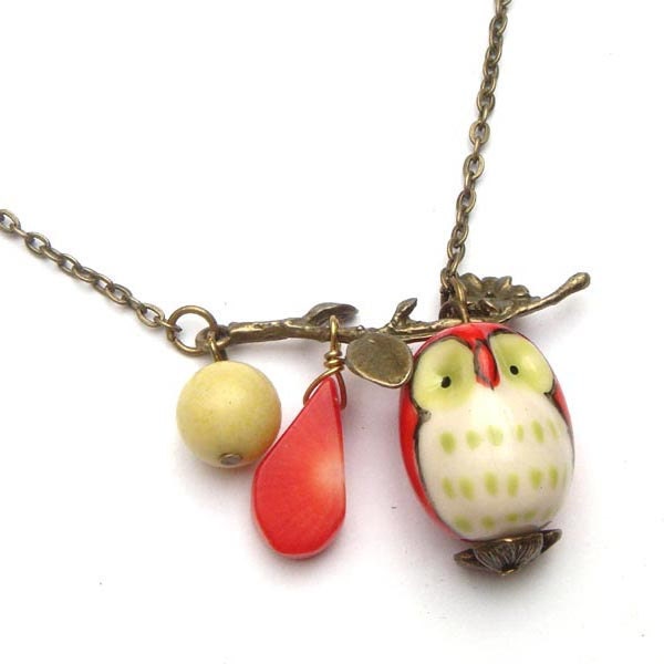 Antiqued Brass Leaf  Coral Butter Jade Porcelain Owl Necklace
