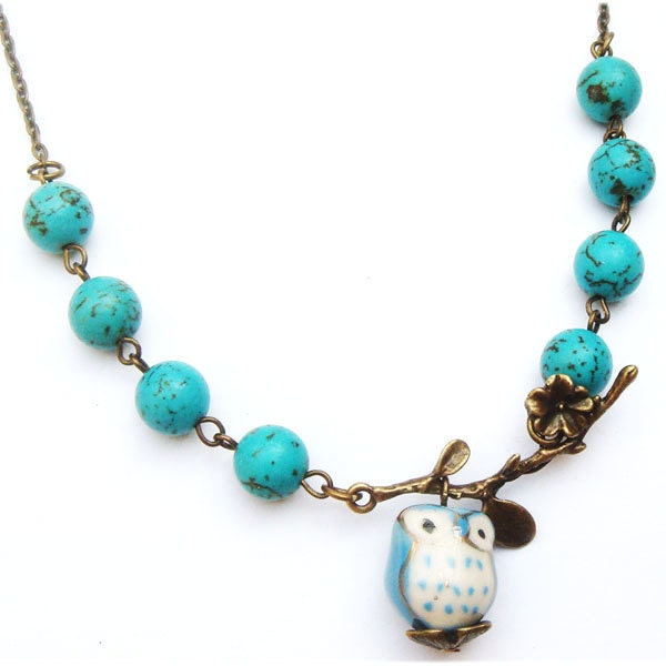 Antiqued Brass Leaf  Turquoise  Porcelain Owl Necklace