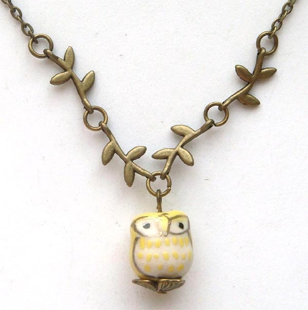 Antiqued Brass Branch Porcelain Owl Necklace