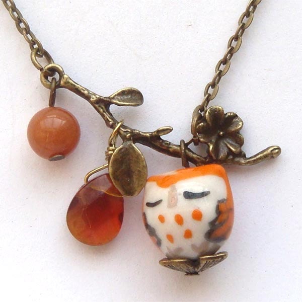 Antiqued Brass Leaf  Honey Jade Quartz  Porcelain Owl Necklace