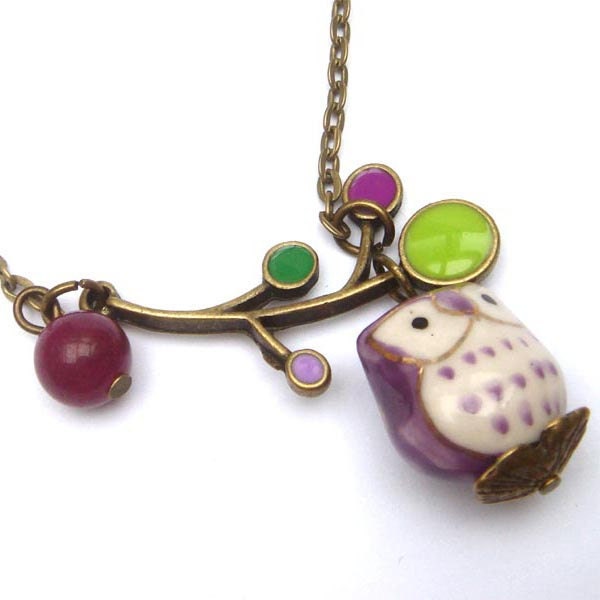 Original  Antiqued Brass Leaf Jade Porcelain Owl Necklace